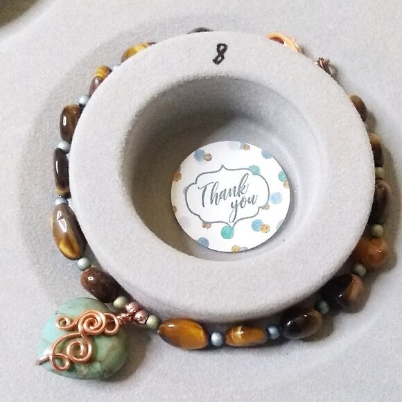 Unique Tigereye & Wire Wrapped African Turquoise Heart Bracelet - Gift for Her! - Picture 3 of 5